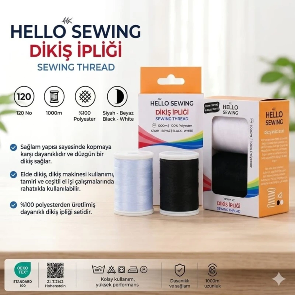 Hello Sewing Siyah-Beyaz Dikiş İpliği Seti 1000m x 2 Makara (%100 Polyester)