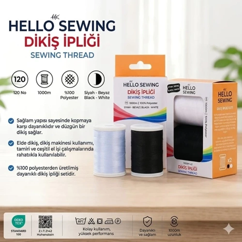 Hello Sewing Siyah-Beyaz Dikiş İpliği Seti 1000m x 2 Makara (%100 Polyester)
