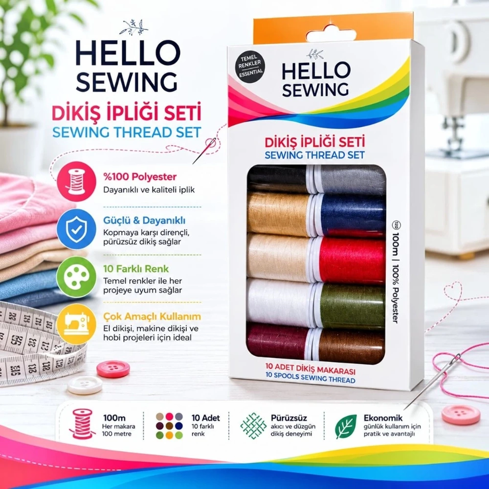 Hello Sewing 10'lu Dikiş İpliği Seti 100m – Temel Renkler (%100 Polyester)